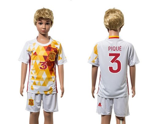 Spain #3 Pique White Away Kid Soccer Country Jersey