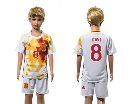Spain #8 Xavi White Away Kid Soccer Country Jersey
