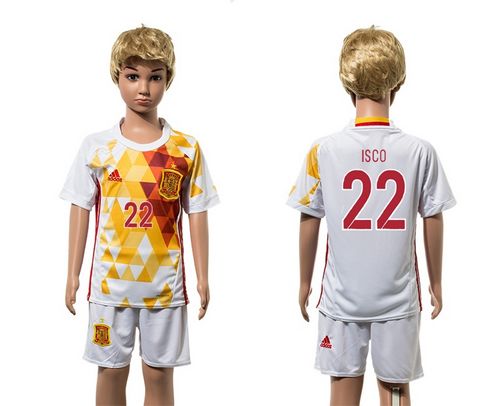 Spain #22 Isco White Away Kid Soccer Country Jersey