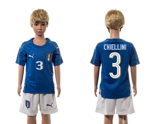 Italy #3 Chiellini Blue Home Kid Soccer Country Jersey