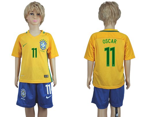 Brazil #11 Oscar Home Kid Soccer Country Jersey