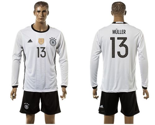 Germany #13 Muller White Home Long Sleeves Soccer Country Jersey