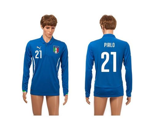 Italy #21 Pirlo Blue Home Long Sleeves Soccer Country Jersey