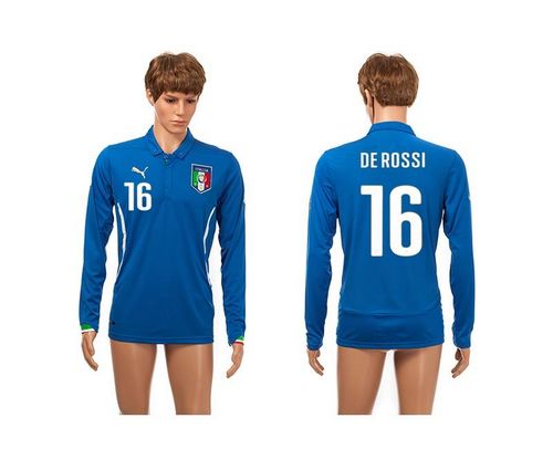 Italy #16 De Rossi Blue Home Long Sleeves Soccer Country Jersey