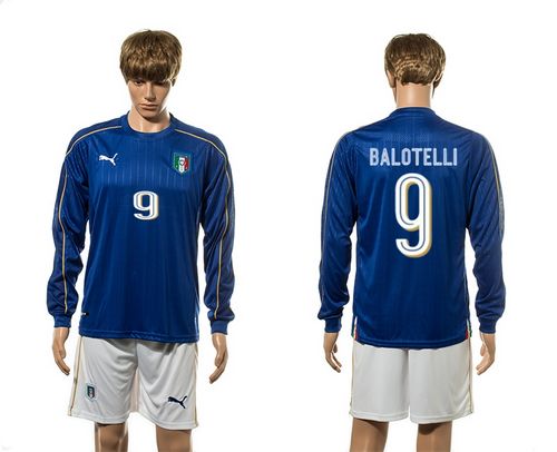 Italy #9 Balotelli Blue Home Long Sleeves Soccer Country Jersey