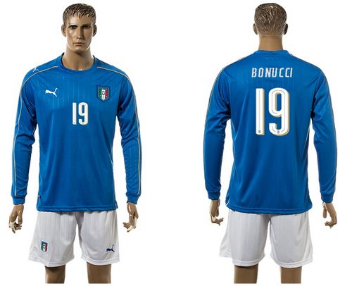 Italy #19 Bonucci Blue Home Long Sleeves Soccer Country Jersey