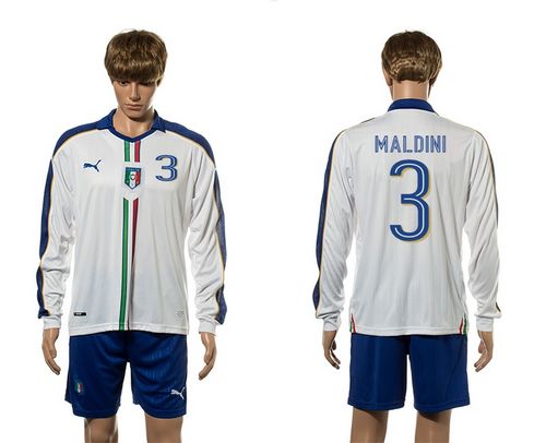 Italy #3 Maldini White Away Long Sleeves Soccer Country Jersey