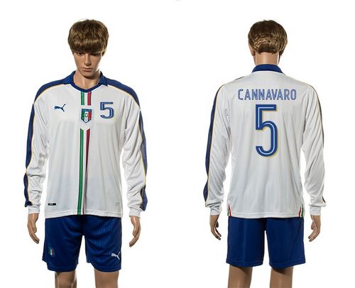 Italy #5 Cannavaro White Away Long Sleeves Soccer Country Jersey