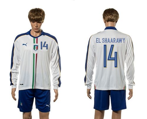 Italy #14 EL Shaarawy White Away Long Sleeves Soccer Country Jersey