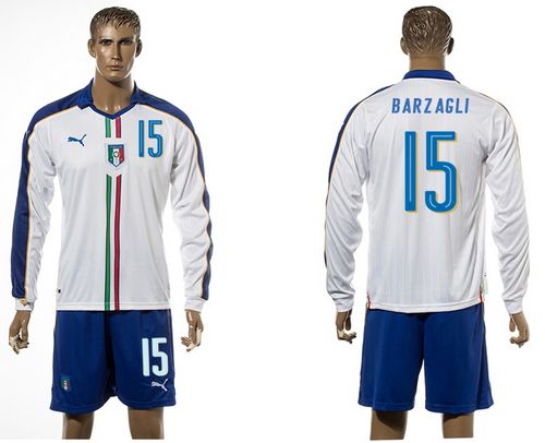 Italy #15 Barzagli White Away Long Sleeves Soccer Country Jersey