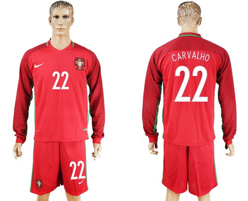 Portugal #22 Carvalho Home Long Sleeves Soccer Country Jersey