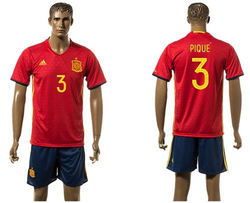 Spain #3 Pique Red Home(Dark Blue Shorts) Soccer Country Jersey