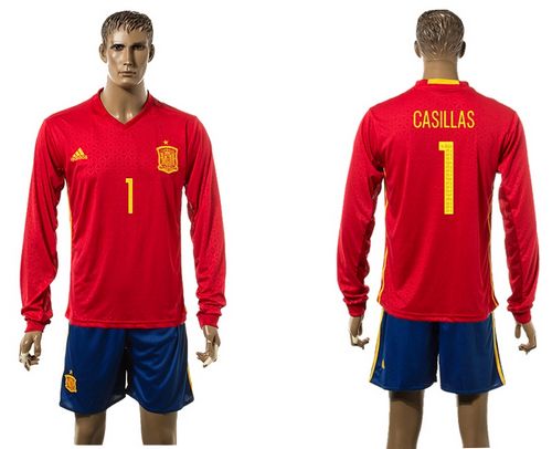 Spain #1 Casillas Red Home Long Sleeves Soccer Country Jersey