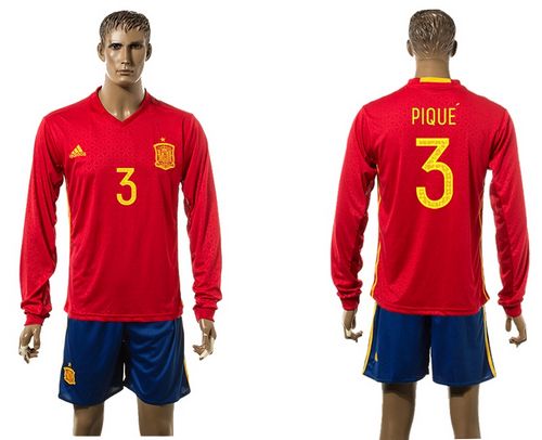 Spain #3 Pique Red Home Long Sleeves Soccer Country Jersey