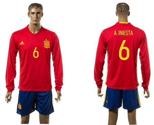 Spain #6 A.Iniesta Red Home Long Sleeves Soccer Country Jersey