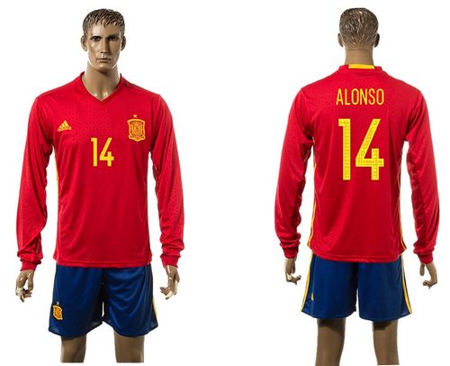 Spain #14 Alonso Red Home Long Sleeves Soccer Country Jersey
