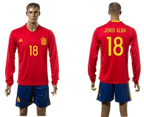 Spain #18 Jordi Alba Red Home Long Sleeves Soccer Country Jersey