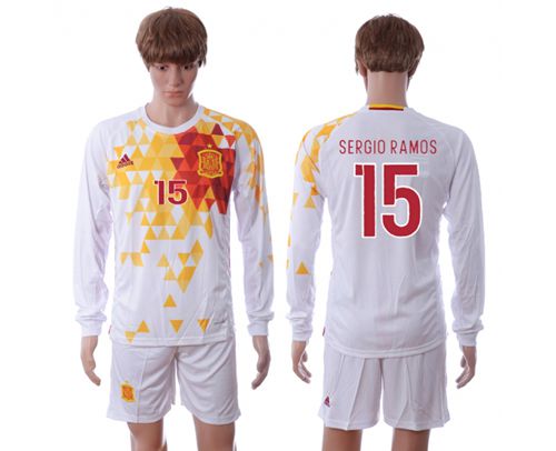 Spain #15 Sergio Ramos White Away Long Sleeves Soccer Country Jersey