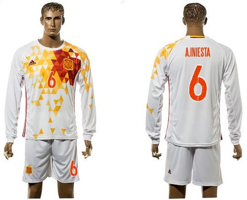 Spain #6 A.Iniesta White Away Long Sleeves Soccer Country Jersey