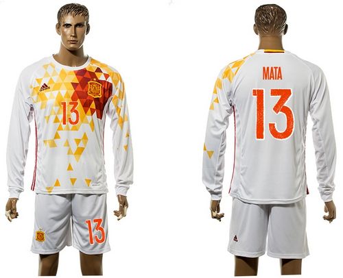 Spain #13 Mata White Away Long Sleeves Soccer Country Jersey