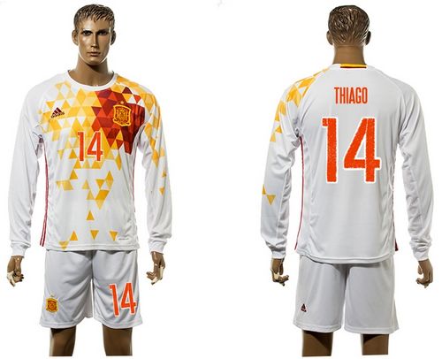Spain #14 Thiago White Away Long Sleeves Soccer Country Jersey