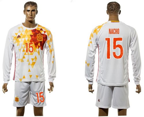 Spain #15 Nacho White Away Long Sleeves Soccer Country Jersey