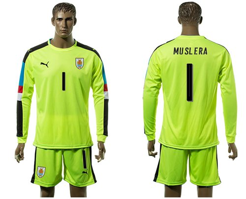 Uruguay #1 Muslera Shiny Green Long Sleeves Soccer Country Jersey