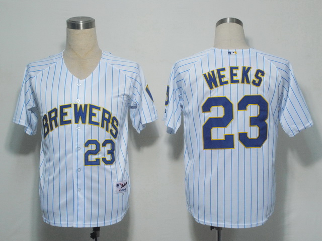 Brewers #23 Rickie Weeks White Blue Strip Stitched MLB Jersey