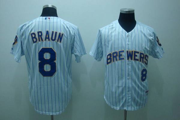 Brewers #8 Ryan Braun Stitched White Blue Strip MLB Jersey