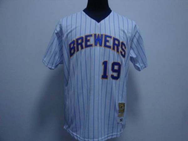 Mitchell and Ness Brewers #19 Robin Yount Stitched White Blue Strip Throwback MLB Jersey