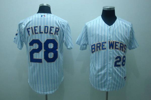 Brewers #28 Prince Fielder Stitched White Blue Strip MLB Jersey