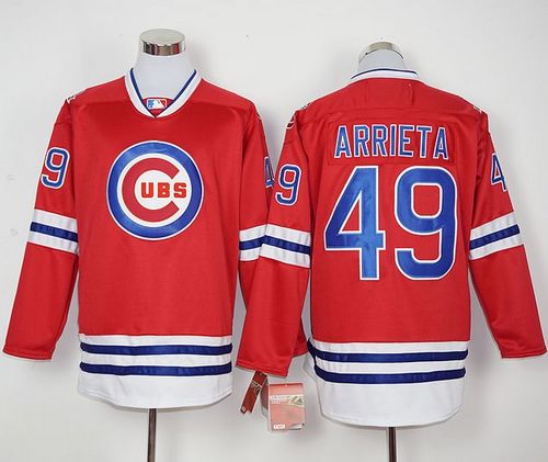 Cubs #49 Jake Arrieta Red Long Sleeve Stitched MLB Jersey