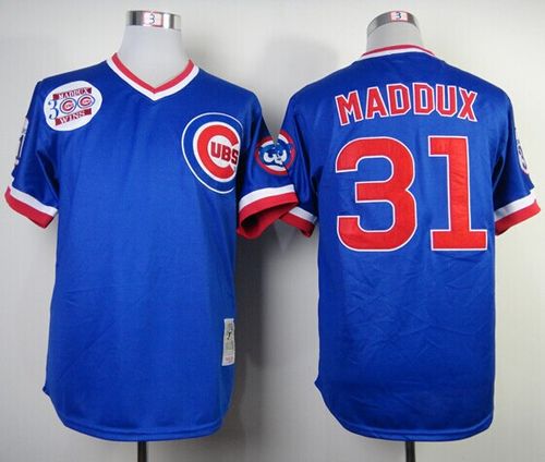 Mitchell and Ness Cubs #31 Greg Maddux Blue Throwback Stitched MLB Jersey