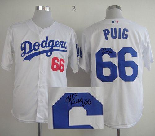 Dodgers #66 Yasiel Puig White Cool Base Autographed Stitched MLB Jersey