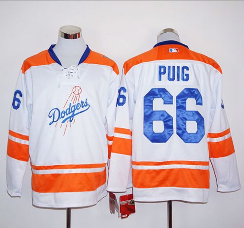 Dodgers #66 Yasiel Puig White/Orange Long Sleeve Stitched MLB Jersey