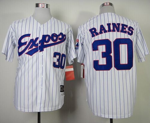 Mitchell and Ness 1982 Expos #30 Tim Raines White Blue Strip Stitched Throwback MLB Jersey