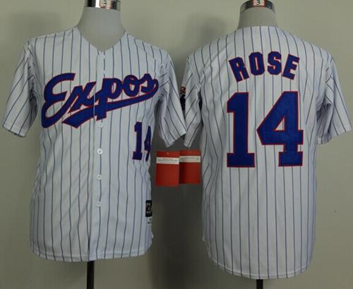 Mitchell And Ness 1982 Expos #14 Pete Rose White(Black Strip) Throwback Stitched MLB Jersey
