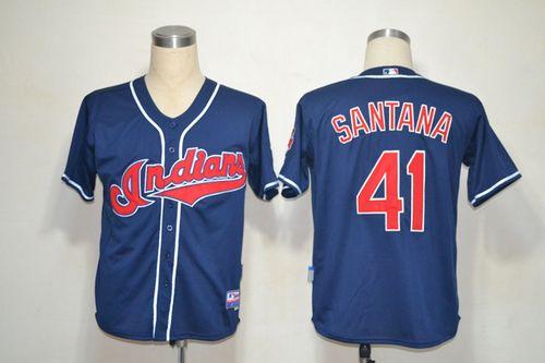 Mitchell And Ness Indians #41 Carlos Santana Blue Stitched Throwback MLB Jersey