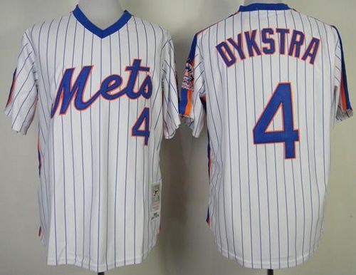 Mitchell and Ness Mets #4 Len Dykstra White Blue Strip Stitched MLB Jersey