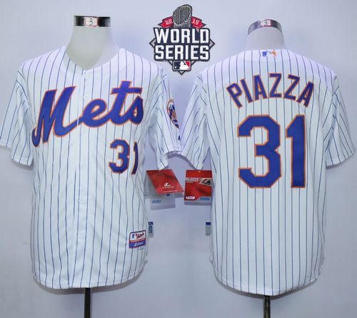 Mets #31 Mike Piazza White(Blue Strip) Home Cool Base W/2015 World Series Patch Stitched MLB Jersey