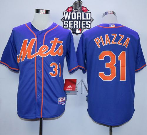 Mets #31 Mike Piazza Blue Alternate Home W/2015 World Series Patch Stitched MLB Jersey