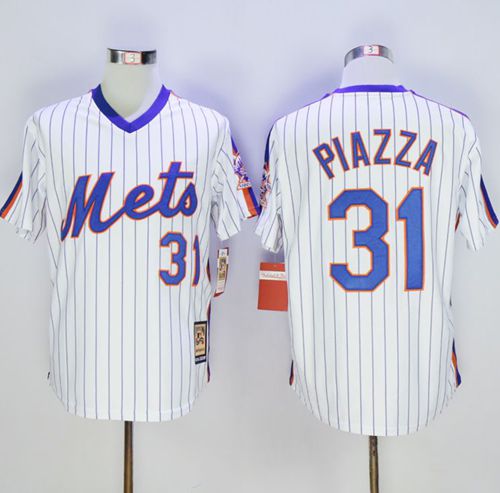 Mitchell And Ness Mets #31 Mike Piazza White(Blue Strip) Throwback Stitched MLB Jersey