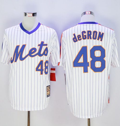 Mets #48 Jacob DeGrom White(Blue Strip) Cooperstown Stitched MLB Jersey