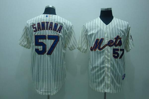 Mets #57 Johan Santana Stitched Cream Blue Strip MLB Jersey