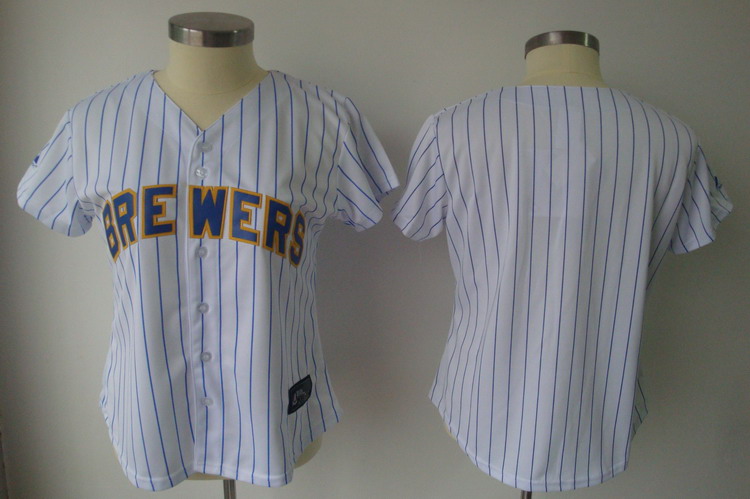 Brewers Blank White With Blue Strip Lady Fashion Stitched MLB Jersey