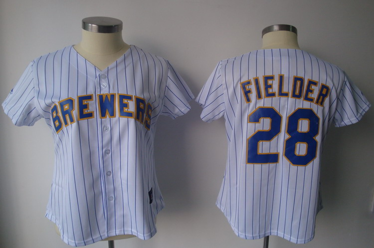 Brewers #28 Prince Fielder White Blue Strip Women's Fashion Stitched MLB Jersey