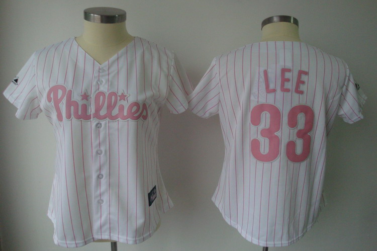Phillies #33 Cliff Lee White With Pink Strip Women's Fashion Stitched MLB Jersey