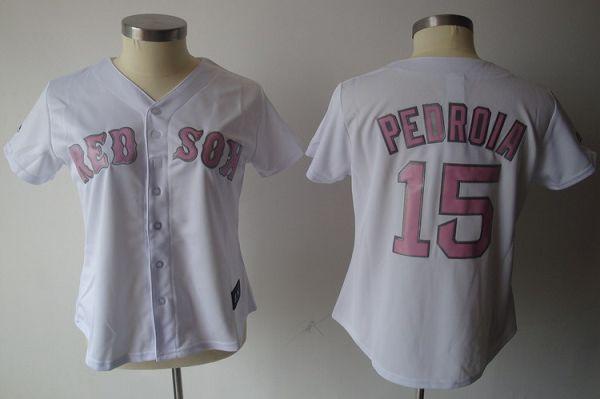 Red Sox #15 Dustin Pedroia White Pink No. Women's Fashion Stitched MLB Jersey