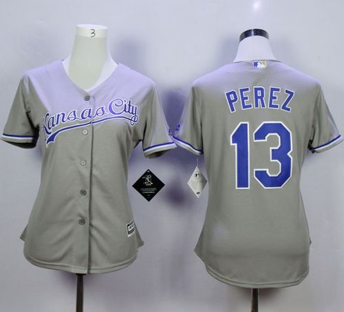 Royals #13 Salvador Perez Grey Road Women's Stitched MLB Jersey