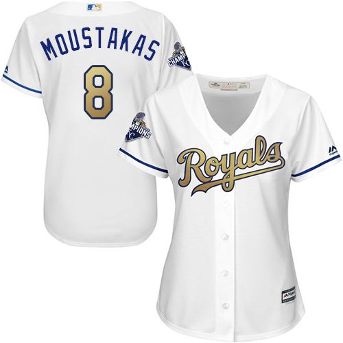 Royals #8 Mike Moustakas White 2015 World Series Champions Gold Program Cool Base Women's Stitched MLB Jersey